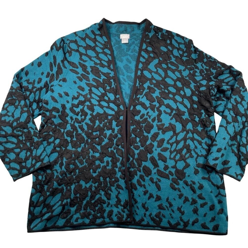 NWOT Chico's Teal & Black Jacquard Open-Front Cardigan Sweater 2 / L - Picture 7 of 14